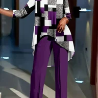 Inne - TEMU Dwuczęściowy zestaw dla kobiet z geometrycznym wzorem na okrągłym dekolcie, z rękawami do połowy łydki i spodniami w jednolitym kolorze - miniaturka - grafika 1