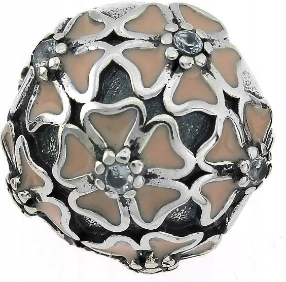 Zawieszka srebrny charms 925 beads do bransoletki z emaliowanymi kwiatkami