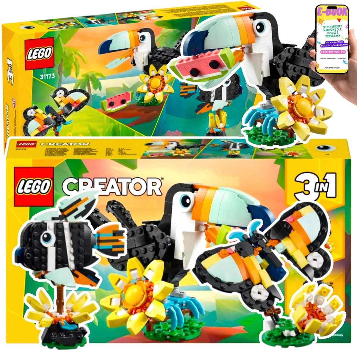 LEGO CREATOR 3w1 DZIKIE ZWIERZĘTA Tukan Motyl Rybka Zestaw Konstrukcyjny (31173) Lego Prezent Dla Chłopca i Dziewczynki + EBOOK