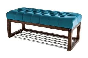 Ławka na buty 95cm EMRAWOOD drewno lite kolor orzech siedzisko pikowane kolor turkus - Ławki do przedpokoju - miniaturka - grafika 1