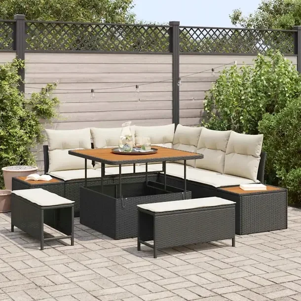 Modułowy Zestaw Sof Ogrodowych z Poduszkami, Rattan Naturalny, Czarny, 30-