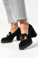 Mokasyny damskie - Czarne mokasyny damskie półbuty na słupku ze złotym misiem Casu MD7573-5-39 - miniaturka - grafika 1