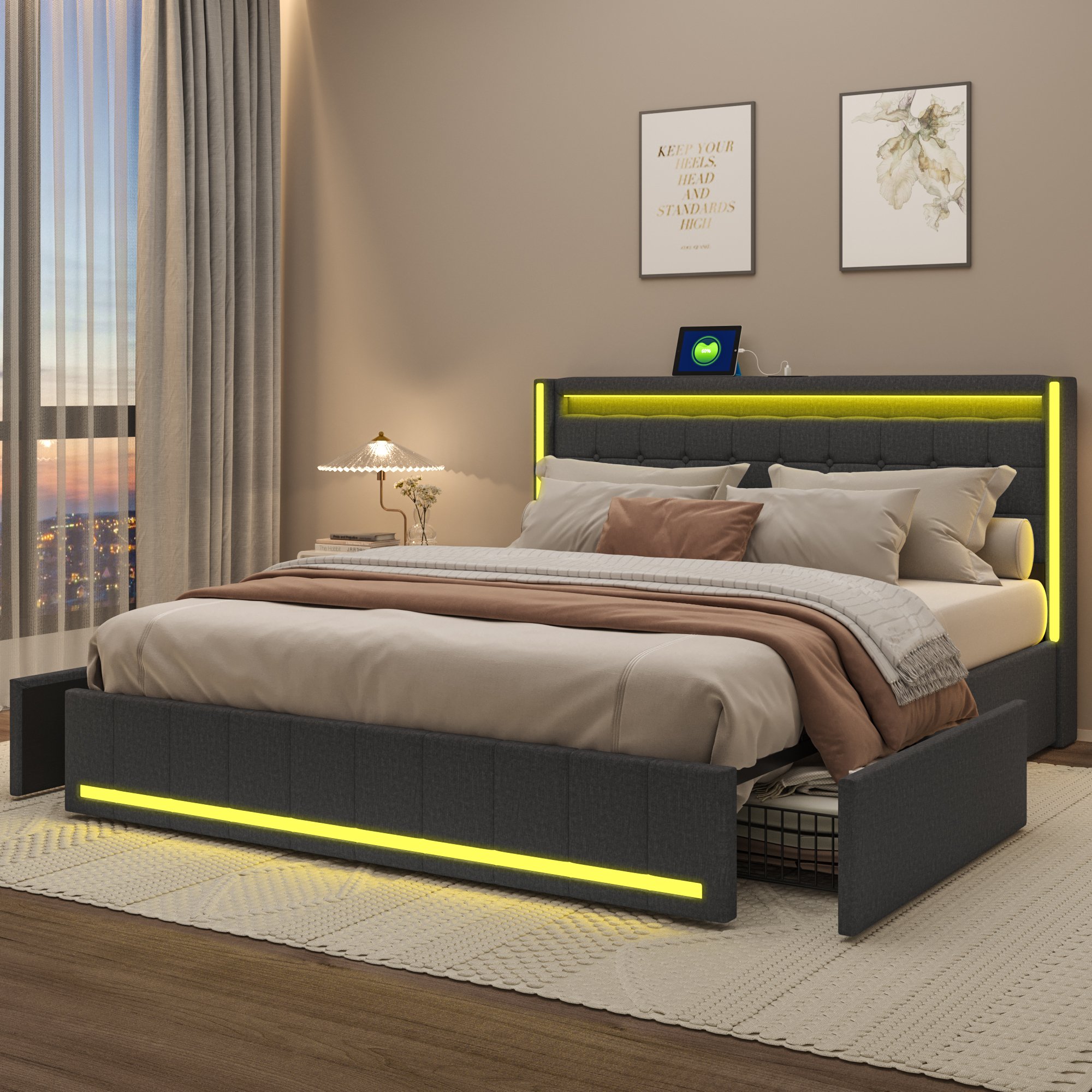 Łóżko tapicerowane Fortuna Lai LED, z funkcją ładowania USB zagłówkiem i 4 szufladami, łóżko dwuosobowe 160x200cm rama łóżka do przechowywania, stelaż z listew drewnianych, ciemnoszary