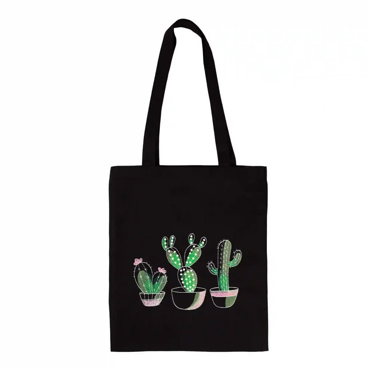 Torba bawełniana czarna zakupowa z haftem – kaktusy