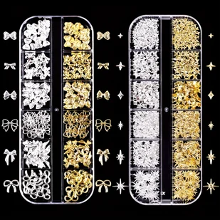 TEMU 2 Pudełka Z 12-Grid Box Nail Art Dekoracje W Tym Złoty I Srebrny , Gwiazda, Sześciokąt, Itd. DIY Nail Rivet Set - Ozdoby do paznokci - miniaturka - grafika 1