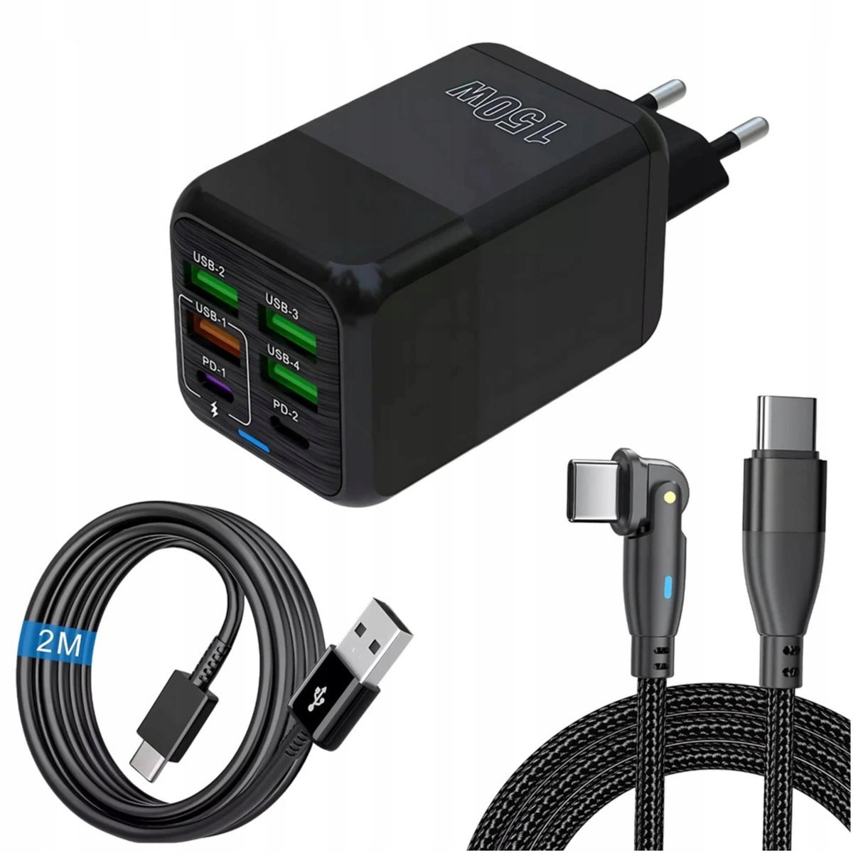 Zestaw Szybka Ładowarka Sieciowa Pd 150w + 2x Kabel Usb-C- Pd 200cm Usb