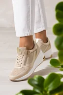 Półbuty damskie - Beżowe sneakersy damskie sportowe półbuty na koturnie z błyszczącą siateczką sznurowane ze złotymi dodatkami skórzana wkładka Casu JW25X12-BE - miniaturka - grafika 1