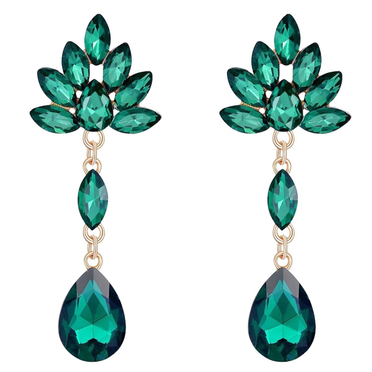 Kolczyki Wiszące Złote Zielone Długie z Cyrkoniami Sztyft Lekkie Efektowne