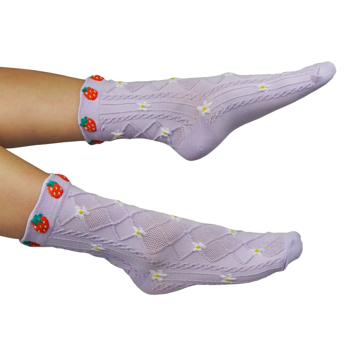 Skarpetki Damskie W Kwiaty I Truskawki - Tekstura 3D