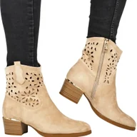 Botki damskie - BOTKI KOWBOJKI NISKIE AŻUROWE VINCEZA 58452 JASNY BEŻ - miniaturka - grafika 1