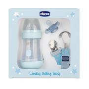 Butelki dla niemowląt - Chicco Zestaw dla noworodka butelka, smoczek, tasiemka Niebieski - miniaturka - grafika 1