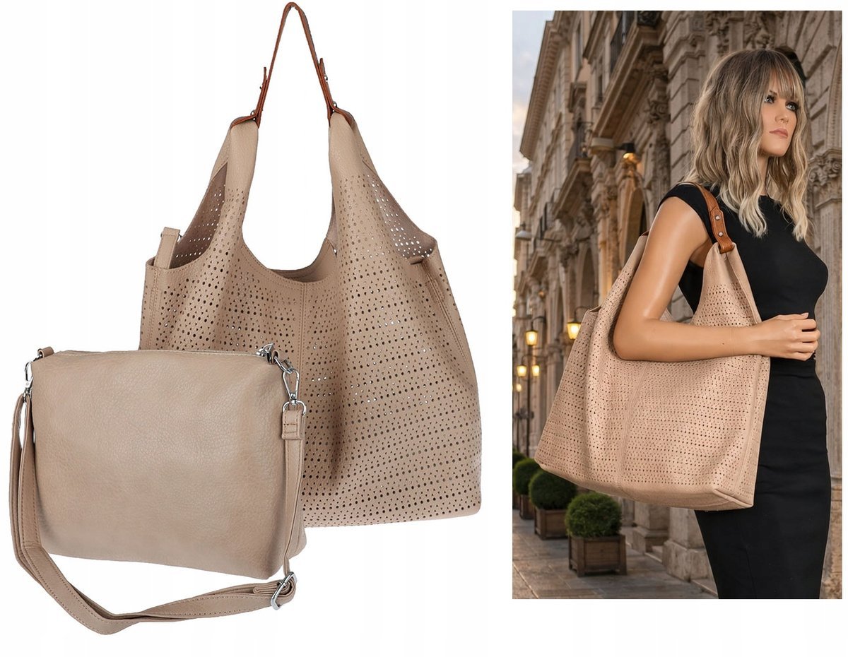 Torebka Damska shopper worek listonoszka pojemna Ażurowa 2w1 1901 Beżowa