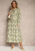 Sukienki - Zielona Wiskozowa Sukienka w Ornamentalny Wzór o Rozkloszowanym Kroju Gonalia - miniaturka - grafika 1