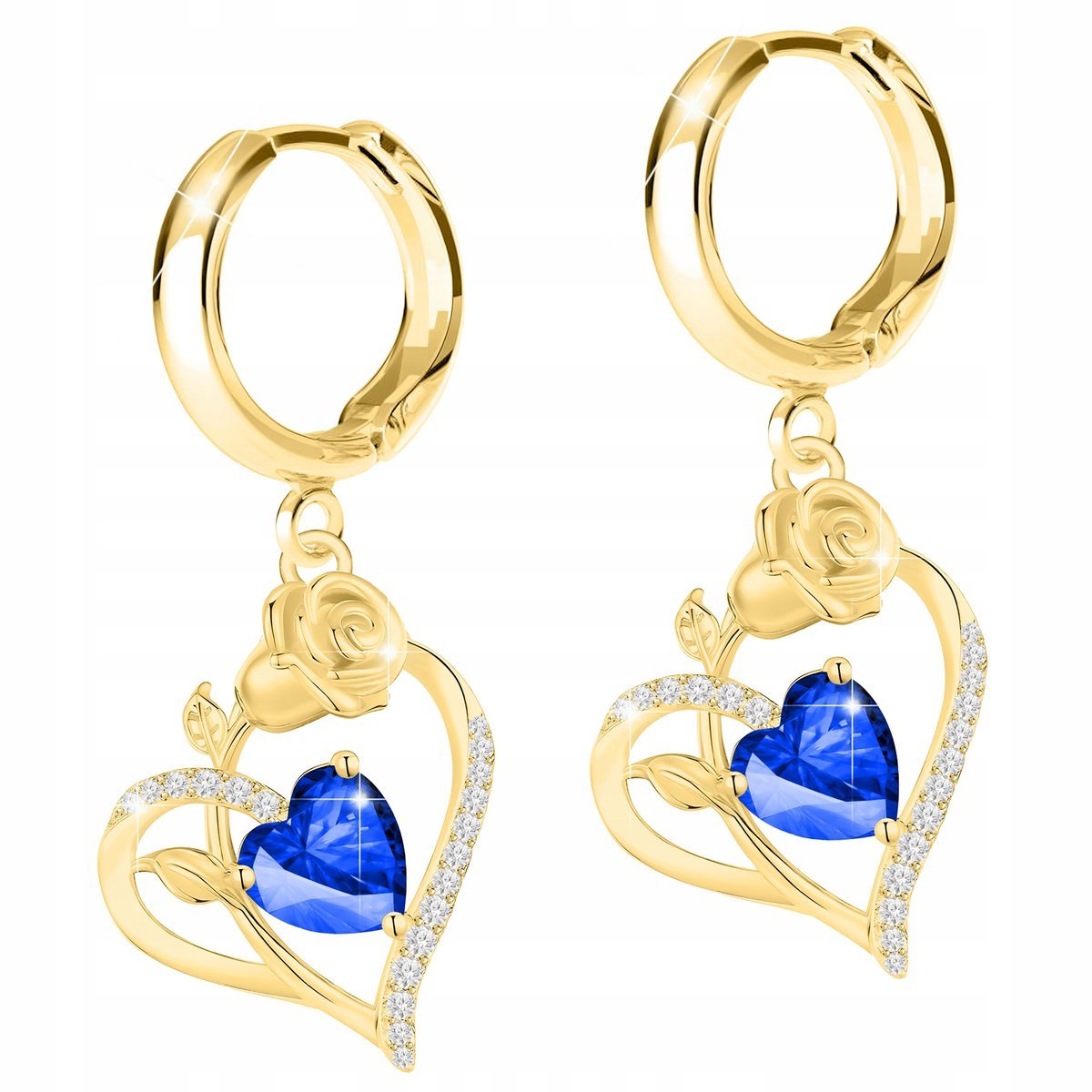 Złote Kolczyki Niebieskie Serca z Różami Kwiaty Serce Róże SREBRO 925
