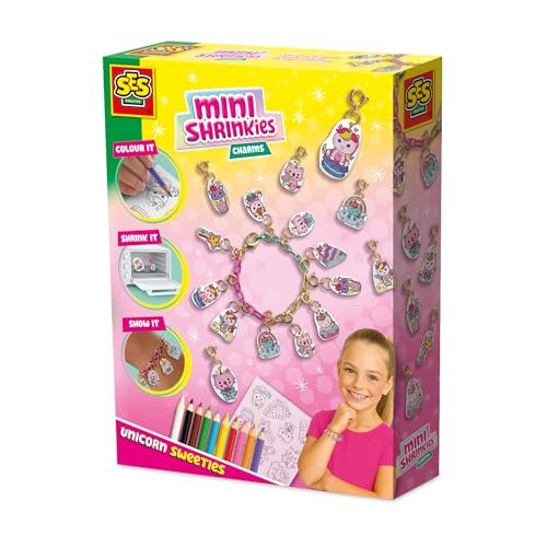 SES Creative - Mini Shrinkies - Charms Unicorn Sweeties - folia termokurczliwa - bransoletki do samodzielnego wykonania - bransoletka przyjaźni - dla dzieci - od 5 lat