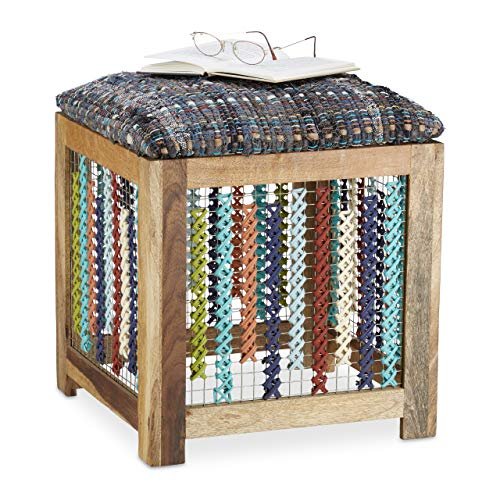 Relaxdays Drewniany taboret, ręcznie wykonany taboret, wzorzyste siedzisko dla dzieci, wys. x szer. x gł.: 47 x 41 x 42 cm, naturalny, kolorowy