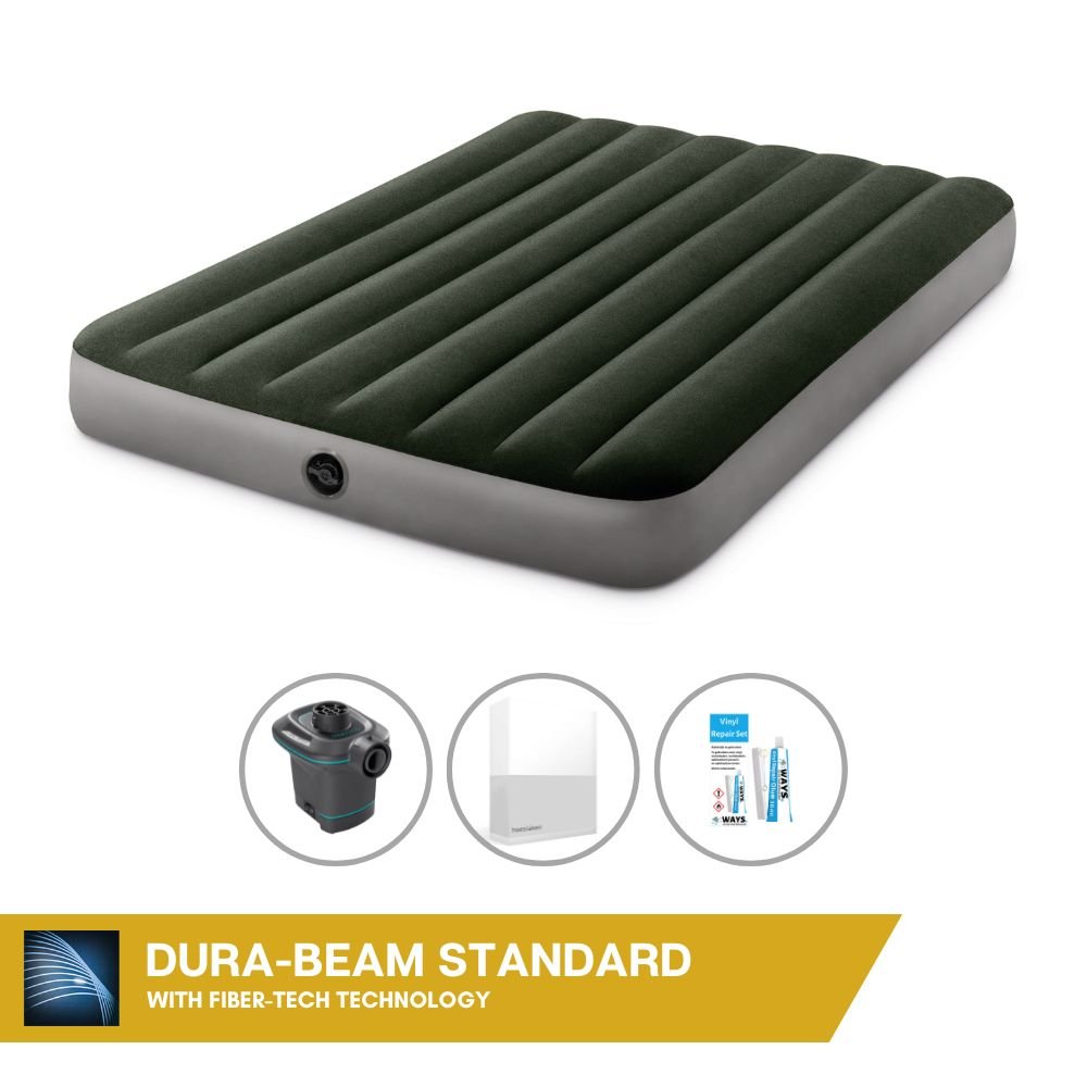 Dmuchane łóżko Intex - 2 osoby - 137 x 191 x 25 cm - zielone + pompka elektryczna Intex - 650 litrów/min + prześcieradło białe + zestaw naprawczy