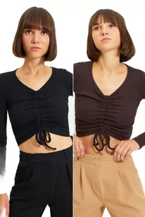 Trendyol Damska bluzka slim bodycon z dekoltem w serek, brązowy/czarny, L - Body - miniaturka - grafika 1