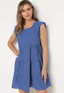 Sukienki - Niebieska Rozkloszowana Sukienka z Falbankami Zapinana przy Szyi Rettesa - miniaturka - grafika 1