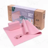 Zestaw do jogi myga Yoga Starter Kit: mata, klocek, pasek - pudrowy róż