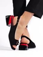 Czółenka - Ażurowe sandały damskie na niskim obcasie czarne - miniaturka - grafika 1