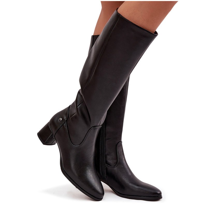 Skórzane Ocieplane Kozaki Damskie Na Obcasie Maciejka A7165-01 Czarne-37