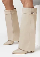 Kozaki damskie - Beżowe Kozaki z Szeroką Cholewką i Szpiczastym Noskiem Jazmynn - miniaturka - grafika 1