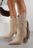 Botki damskie - Ciemnobeżowe Botki w Stylu Kowbojek na Obcasie z Frędzlami Reinasea - miniaturka - grafika 1