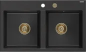 Zlewozmywaki - Mexen Hektor zlewozmywak granitowy 2-komorowy 800 x 490 mm, czarny/srebrny metalik, syfon złoty - 6521802000-73-G - miniaturka - grafika 1