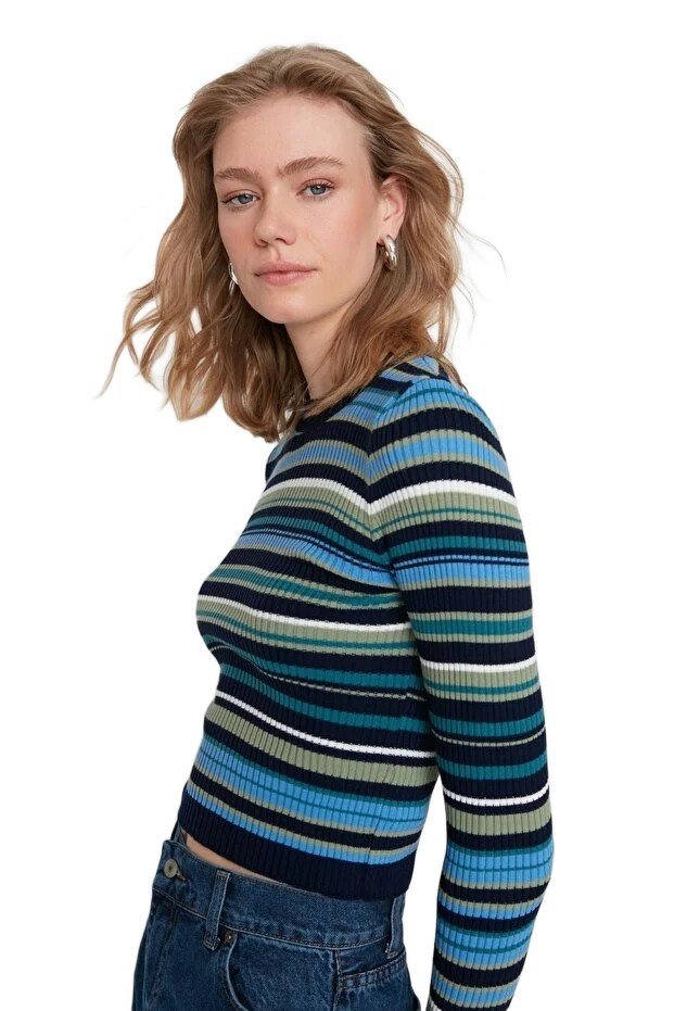 TRENDYOL KRÓTKI SWETER DAMSKI W PASKI Z DŁUGIM RĘKAWEM S 5EA*