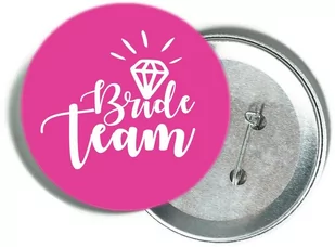 Przypinka różowa z białym napisem Bride Team i diamentem - Wieczór panieński i kawalerski - miniaturka - grafika 1