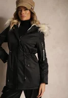 Kurtki damskie - Czarno-Beżowa Kurtka Parka z Kapturem i Futrzanym Obszyciem z Możliwością Odpięcia Inaveira - miniaturka - grafika 1