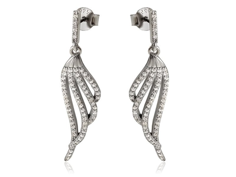Kolczyki srebrne wiszące skrzydła z cyrkoniami k3320