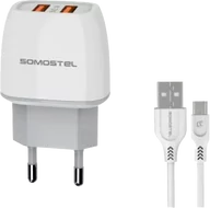 Ładowarki do telefonów - Ładowarka sieciowa 2.1A Dual-USB Somostel SMS-A38 + kabel Micro USB biała - miniaturka - grafika 1