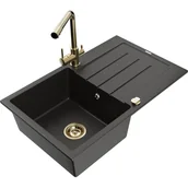 Zlewozmywaki z baterią - Mexen Bruno zlewozmywak granitowy 1-komorowy z ociekaczem i baterią kuchenną Duero, czarny/złoty metalik - miniaturka - grafika 1