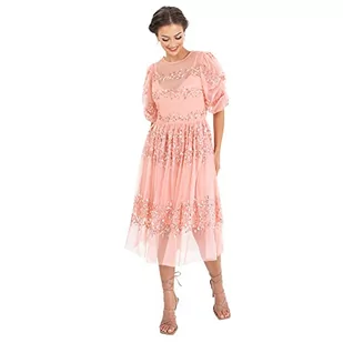 Maya Deluxe Damska sukienka Midi Ladies Sequin Embellished Short Sleeve Dress for Wedding Guest Bridesmaid Balowa Evening Occasion sukienka, Apricot Blush, 48 - Sukienki - miniaturka - grafika 1