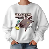 Bluzy damskie - Biała Bluza Damska Dresowa ŻYJ SZYBKO I PIJ DUŻO Zabawne Kolorowe Wz Rozm M - miniaturka - grafika 1