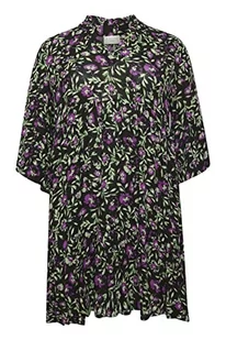 Kaffe Curve Plus Size Damska sukienka letnia sukienka długie rękawy dekolt w serek, Czarny/Zielony/Fioletowy Kwiat, 46/du?y rozmiar - Sukienki - miniaturka - grafika 1