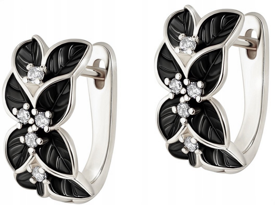 SREBRNE KOLCZYKI CZARNE KWIATKI ANGIELSKIE KOBIECE ELEGANCKIE WYJĄTKOWE