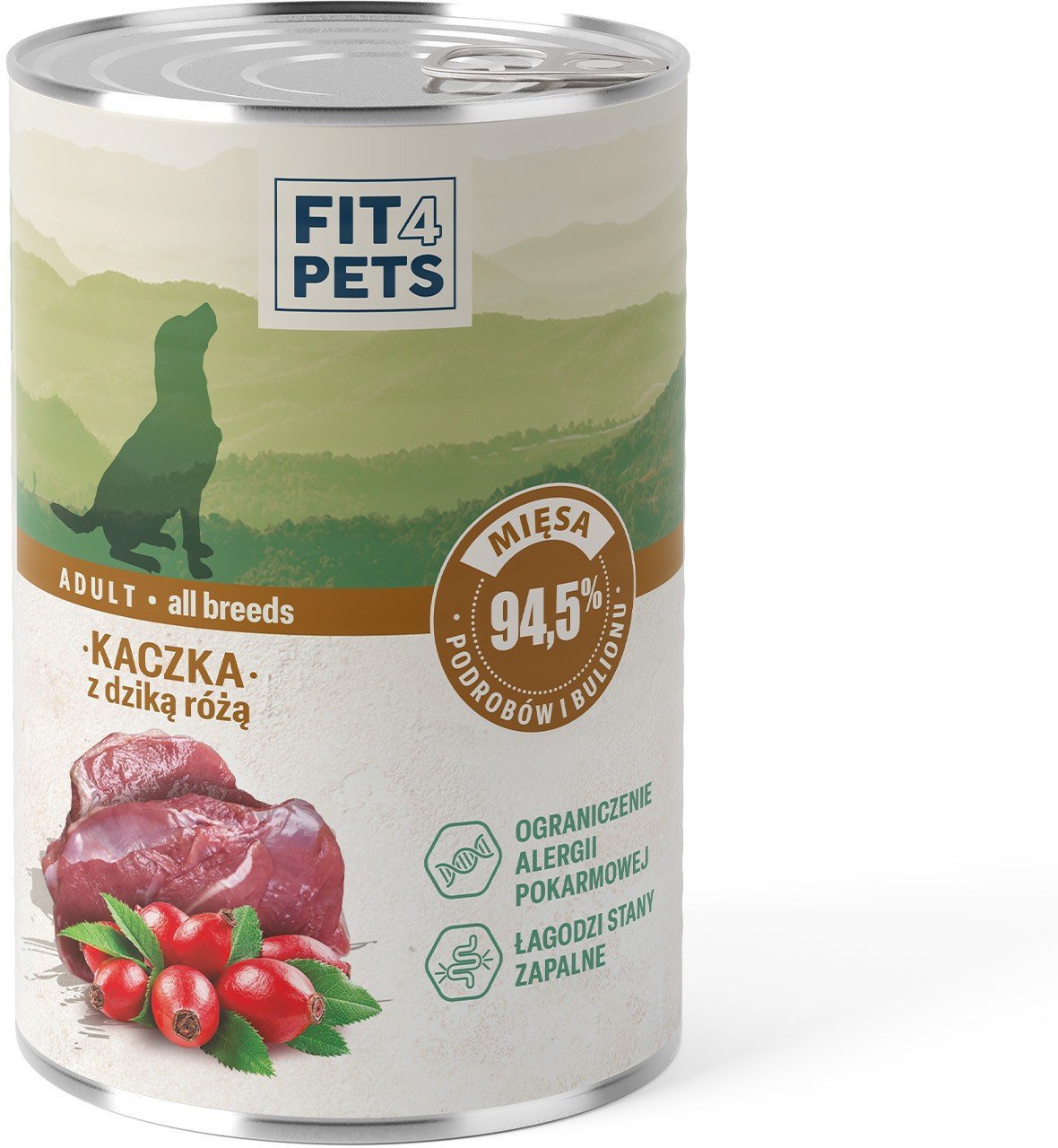 Karma dla psa pełnoporcjowa Fit4Pets kaczka z dziką różą 400g 12 szt.
