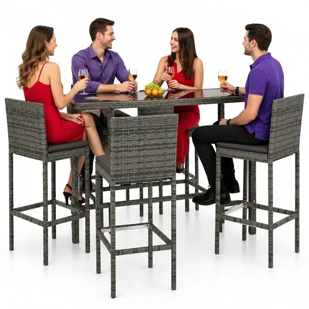 Zestaw Barowy Ogrodowy Rattan PE, Stal, Szary, 130x60x110 cm