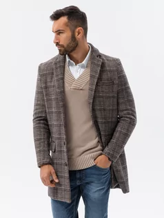 Płaszcze męskie - Jednorzędowy płaszcz męski w kratę -  brązowy V1 C499 - grafika 1