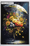 Malowanie po numerach - Kwiaty w deszczu, kwiaty, deszcz, parasol, bukiet, czarne tło, panorama, malowanie po numerach, blejtram - miniaturka - grafika 1
