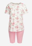 Piżamy damskie - Różowo-Biały Komplet Piżamowy w Kwiaty Koszulka z Krótkim Rękawem i Spodnie Lużne 3/4 Lareni - miniaturka - grafika 1