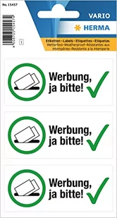 HERMA 15457 etykiety informacyjne z nadrukiem "Bitte Werbung einwerfen!", odporne na warunki atmosferyczne (79 x 34 mm, 1 arkusz, folia, matowa) samoprzylepne, trwałe etykiety tekstowe, 3 etykiety - Etykiety do drukarek - miniaturka - grafika 1