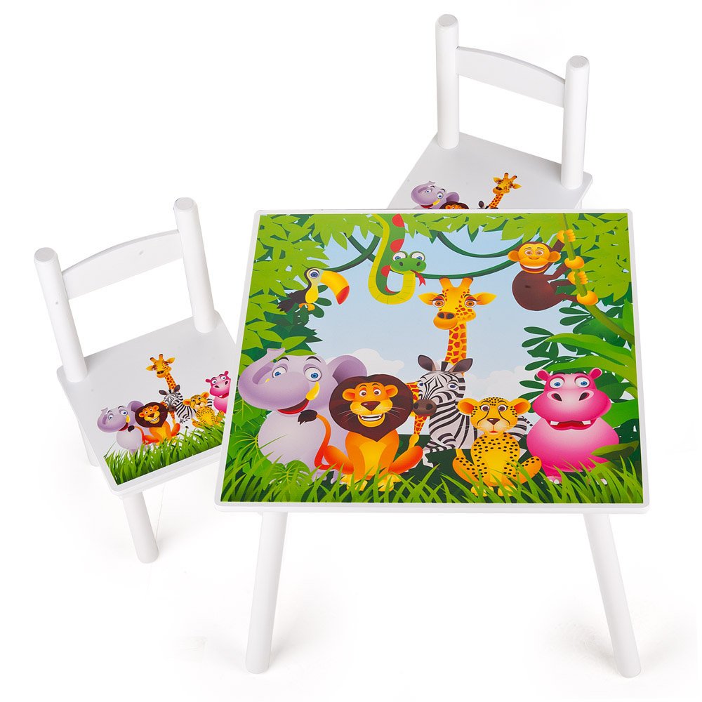 Stolik Dziecięcy Drewniany, 2 Krzesełka – Kolorowy Zestaw Nadruk 60x60x42cm
