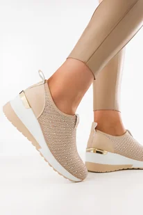 Beżowe półbuty damskie sneakersy na koturnie z cyrkoniami Casu 2088 - Półbuty damskie - miniaturka - grafika 1