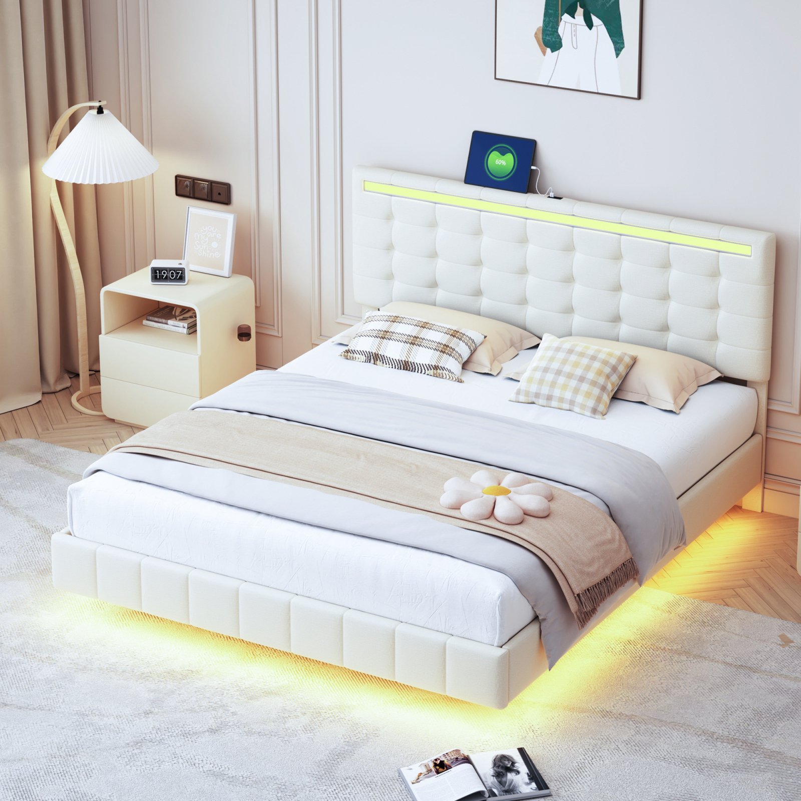 Łóżko tapicerowane Fortuna Lai 140x200cm z oświetleniem LED i wtyczką USB, podwójne łóżko z ruchomą ramą łóżka i zagłówkiem o regulowanej wysokości, drewniane łóżko młodzieżowe, funkcjonalne łóżko, pościel, beżowy