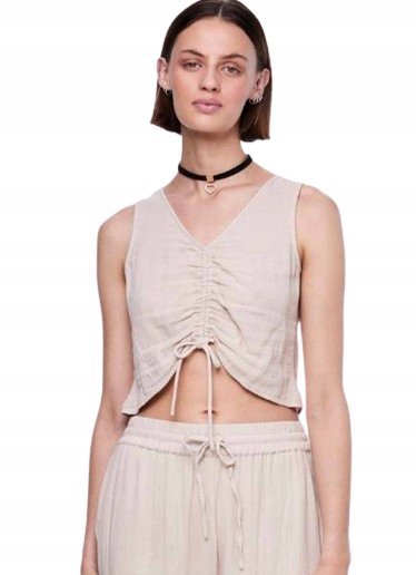 PIECES BEŻOWY TOP NA RAMIĄCZKACH Z MARSZCZENIEM L XQA