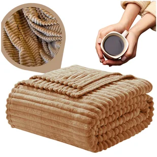 Koc Brązowy Wytłaczany Paski 200X220 Cm Pled Narzuta Na Łóżko Fotel Ciepły - Koce - miniaturka - grafika 1